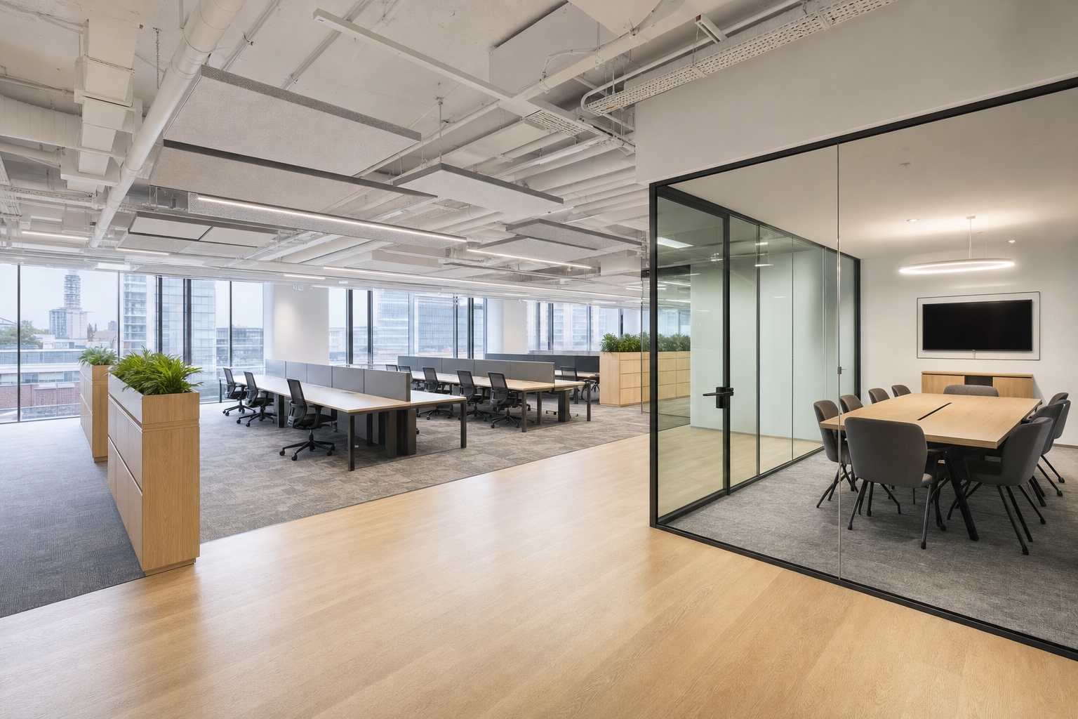 Modern open-plan office with large windows, a meeting room with glass walls, and wooden and grey furnishings.