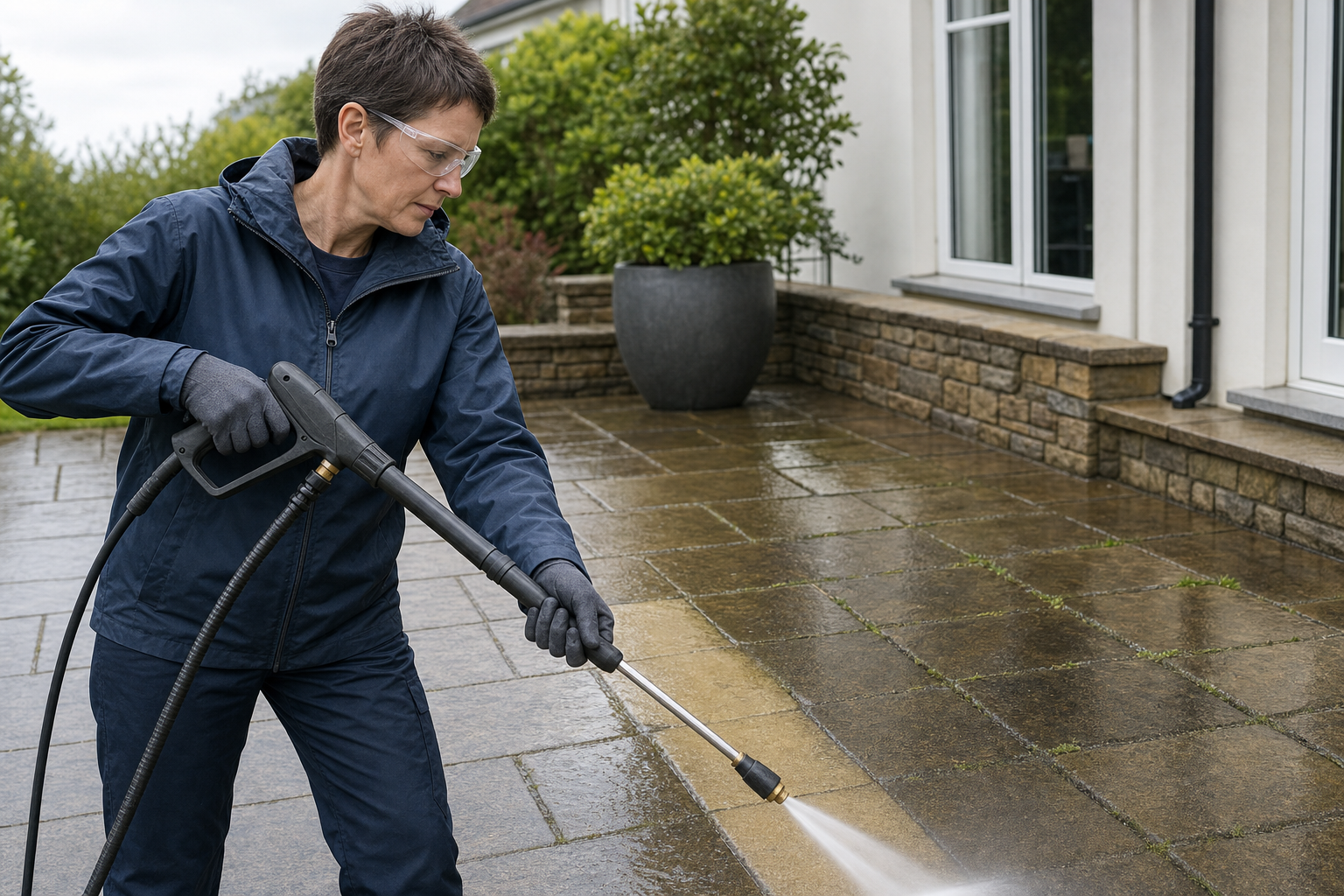 A person wearing protective gear uses a pressure washer to clean a patio outside a house.