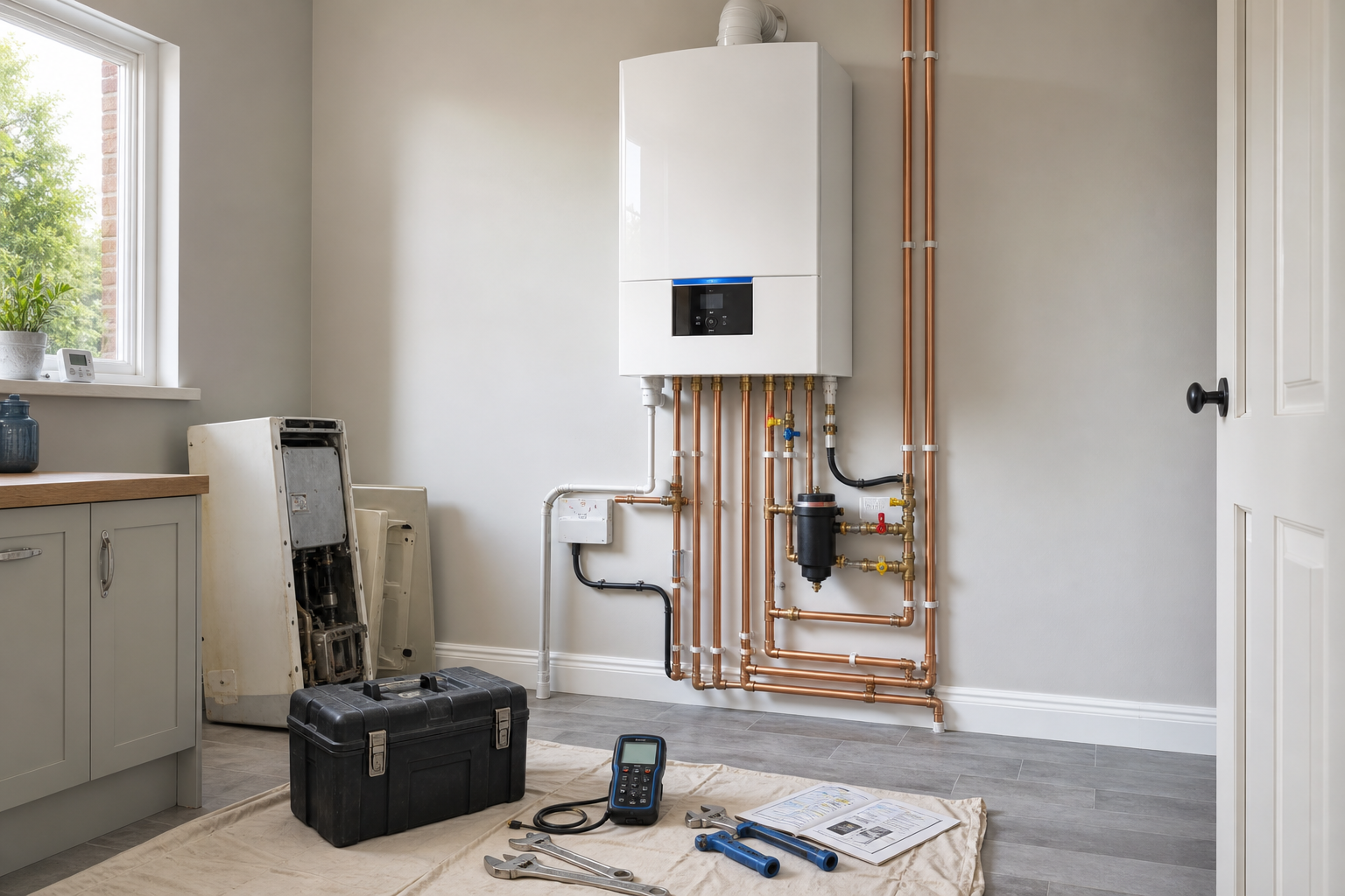 A modern boiler setup with copper piping and tools nearby in a utility room.