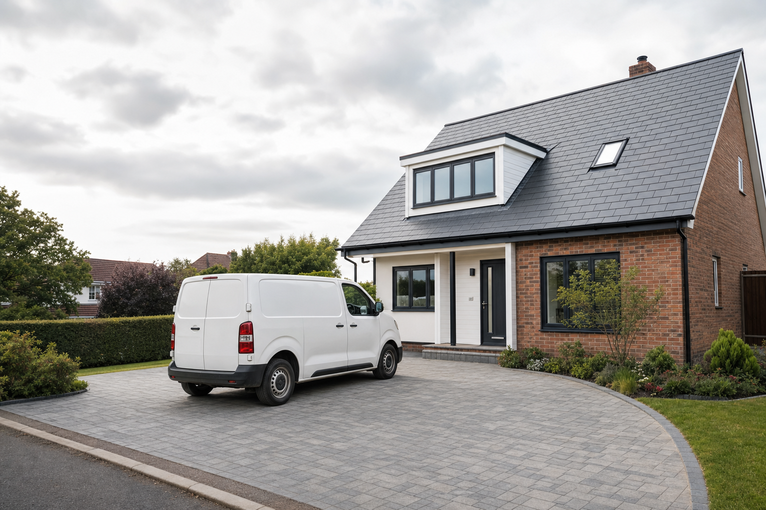 A white van parked in the driveway of a modern brick house with a grey tiled roof and well-kept garden.
