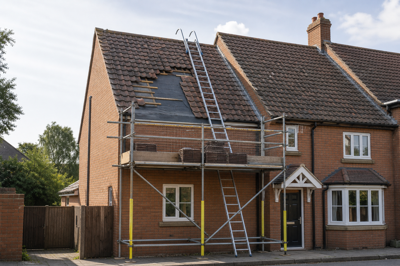A house with scaffolding set up for roof repairs, showing missing tiles and ladders for access.