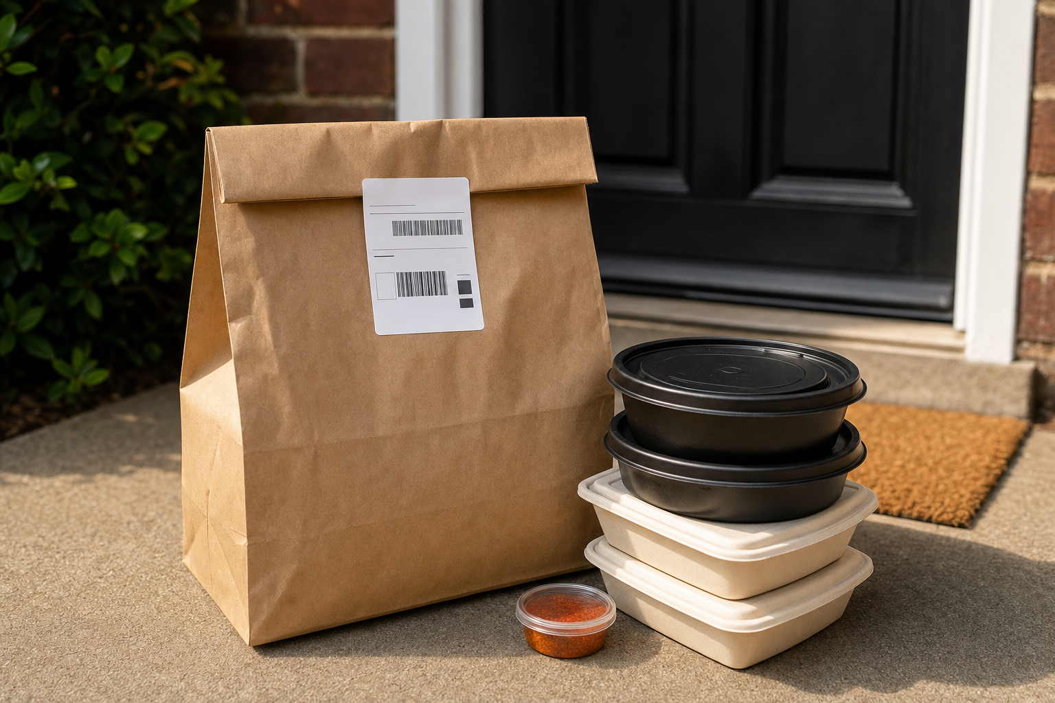Takeaway food containers and a brown paper bag with a shipping label left on a doorstep.