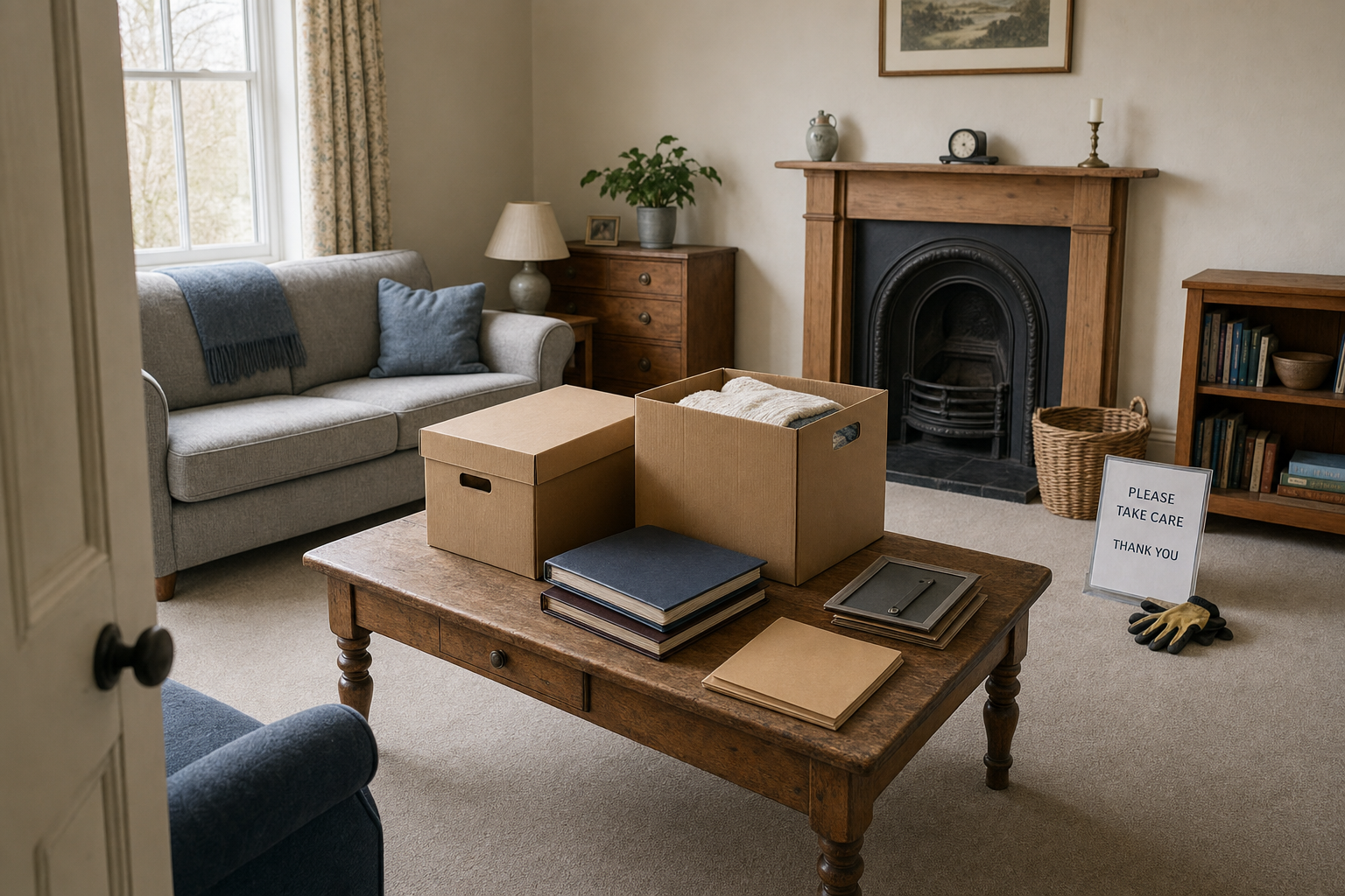 Cosy living room with a wooden coffee table, boxes, books, and a sign reading "Please take care, thank you."