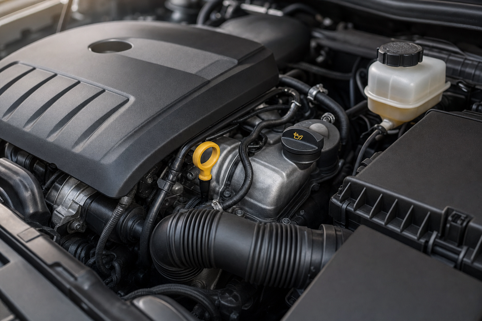 Close-up of a car engine with a focus on the oil dipstick and surrounding components.