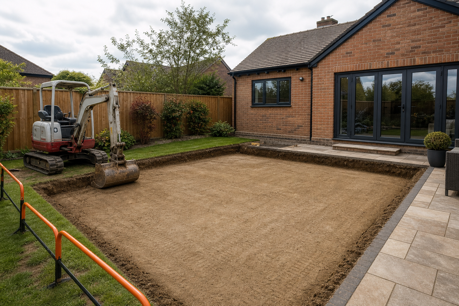 Mini digger parked by a freshly dug rectangular area in a fenced garden next to a modern brick house.