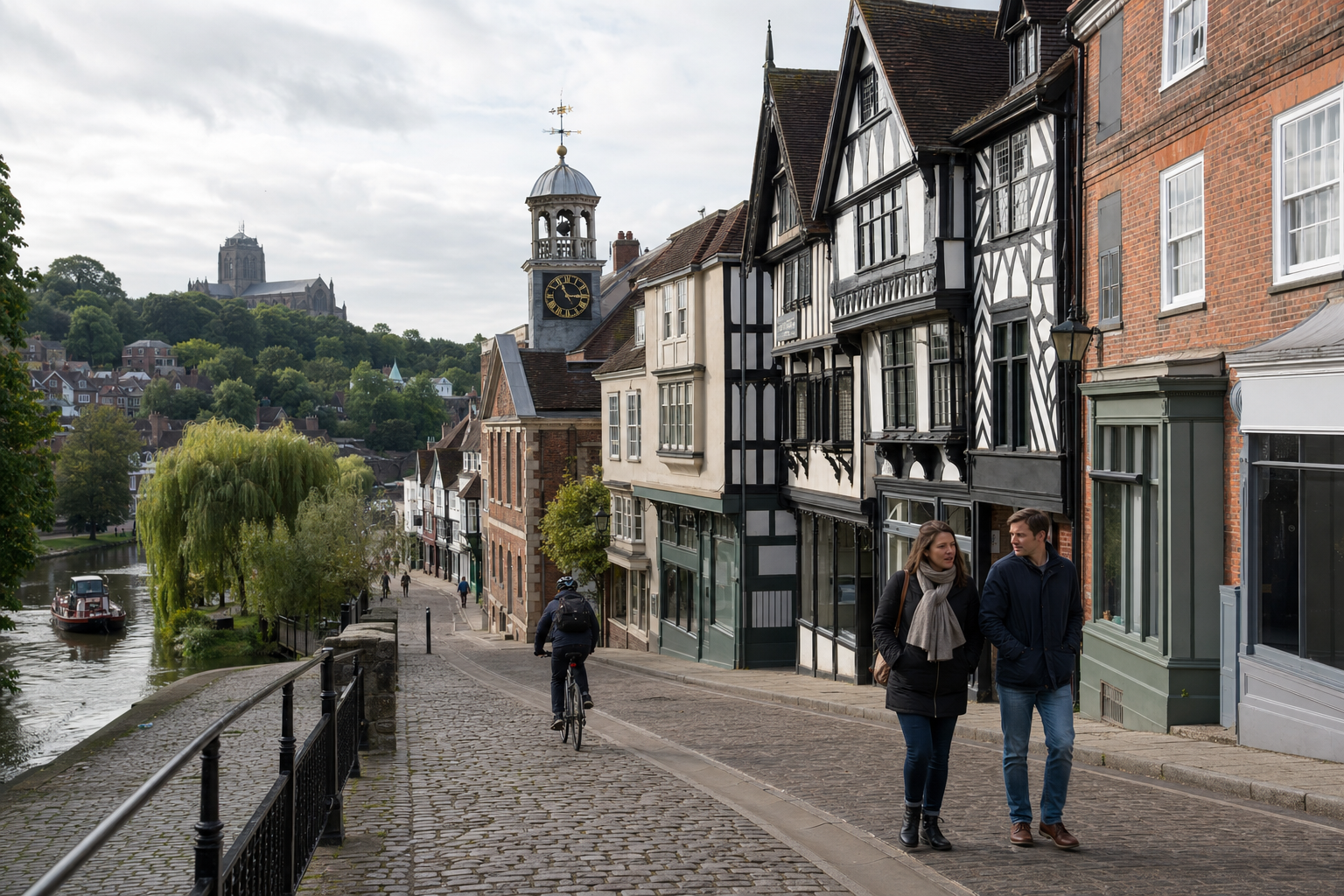 A cobblestone street with historic buildings and a clock tower, featuring people walking and cycling near a river.