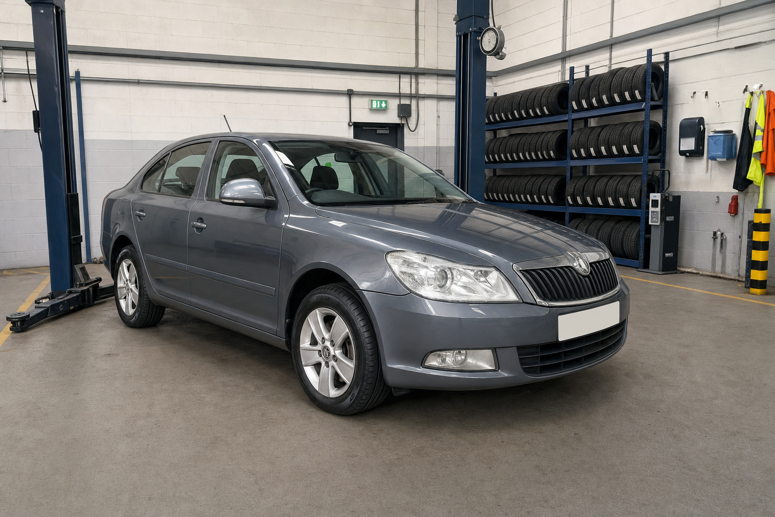 A grey car parked in a garage with tyre racks and maintenance equipment nearby.
