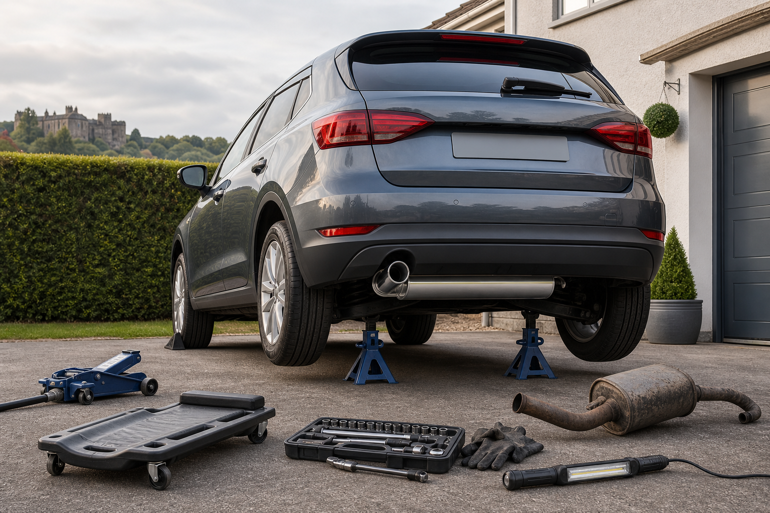 Car raised on jack stands for exhaust repair with tools and removed muffler nearby.
