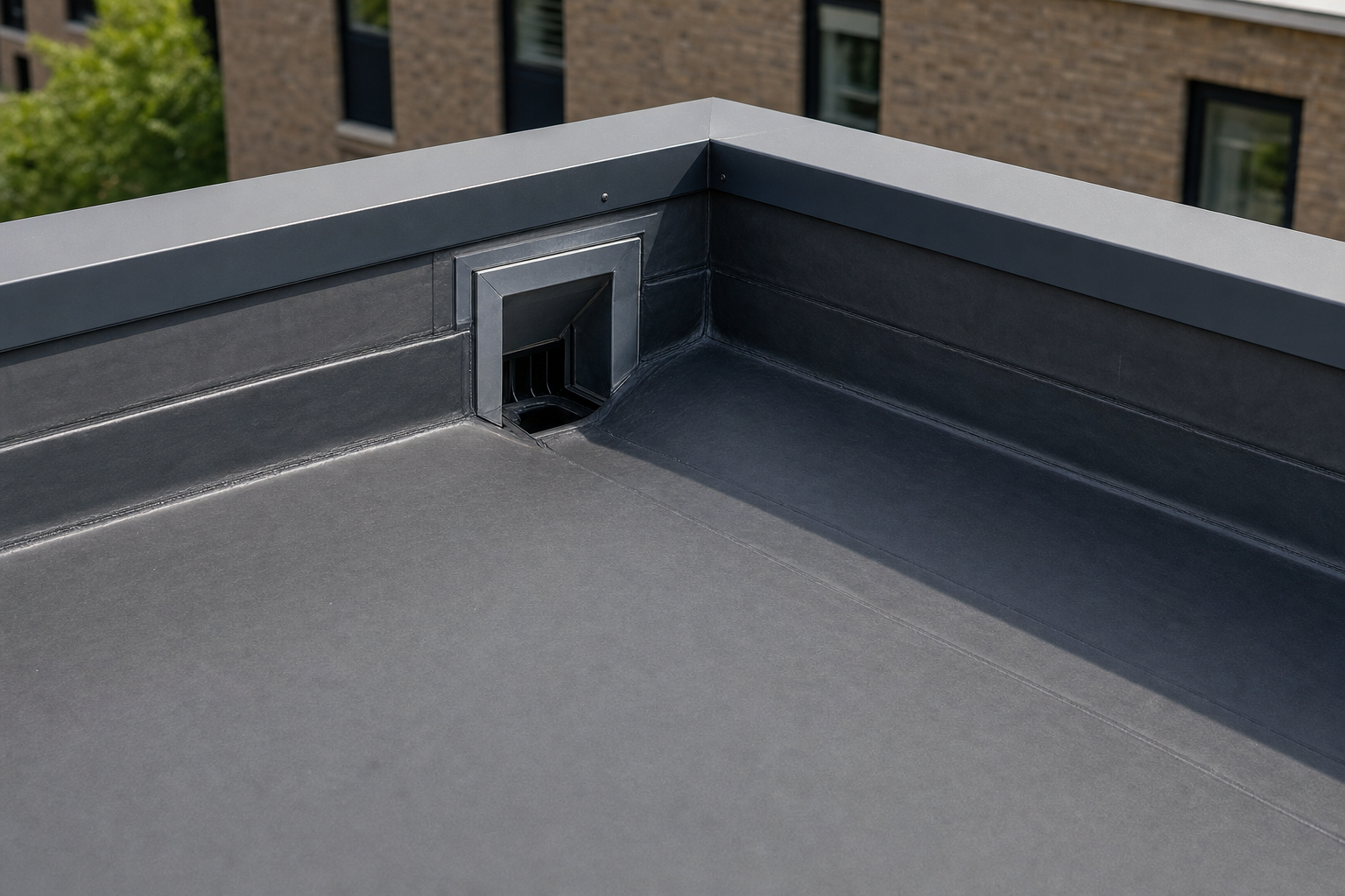 Modern flat rooftop detail with a drainage system, featuring sleek grey cladding and city buildings in the background.