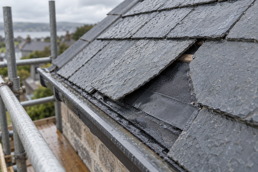 A close-up of a slate roof with a damaged section and scaffolding in the background on a rainy day.