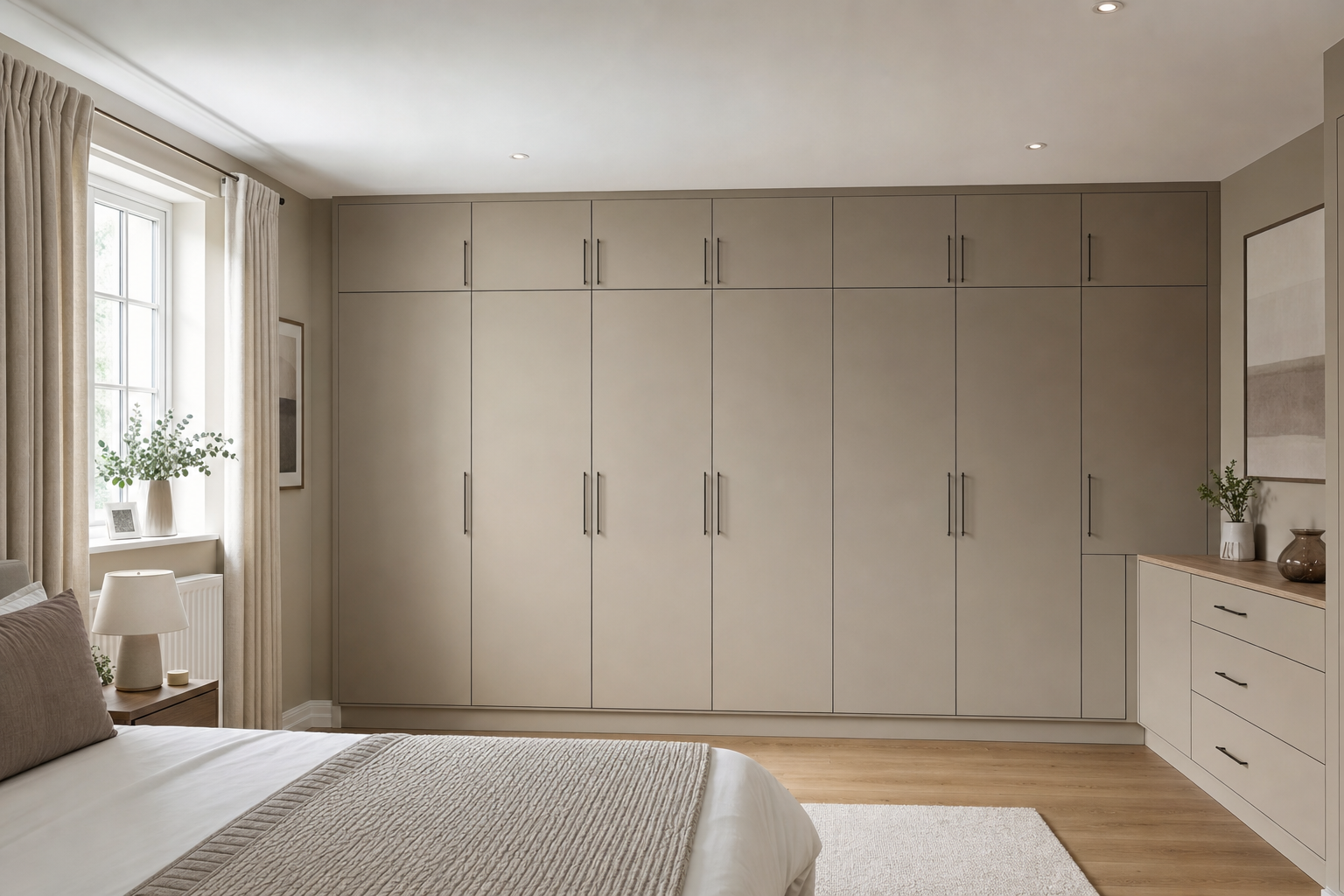 Modern bedroom with built-in wardrobes, a neatly made bed, and a large window with beige curtains.