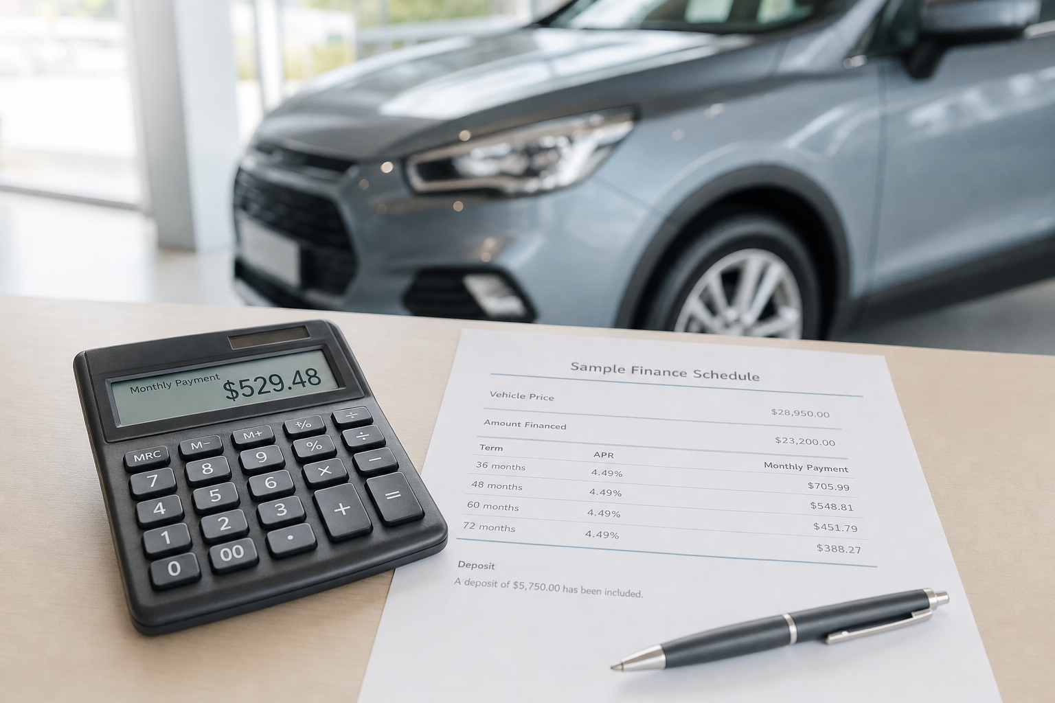 Calculator and finance document on a desk with a car in the background at a dealership.