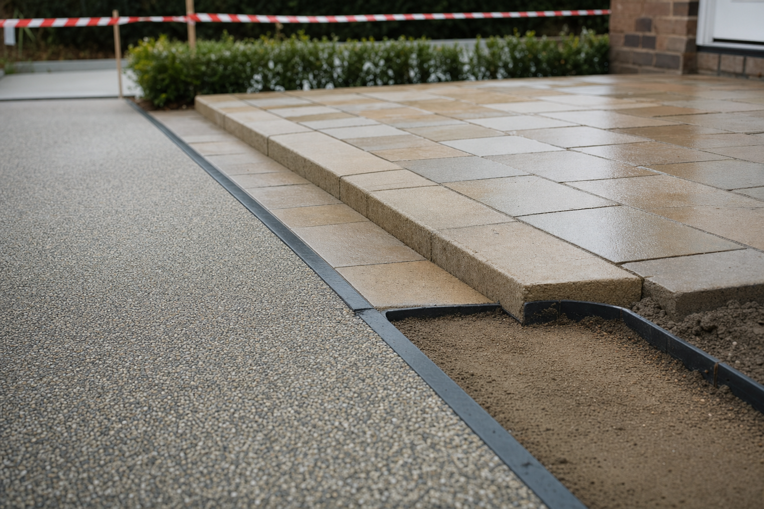 Wet paving slabs form a step from a resin-bound surface to an unfinished gravel section near a building entrance.
