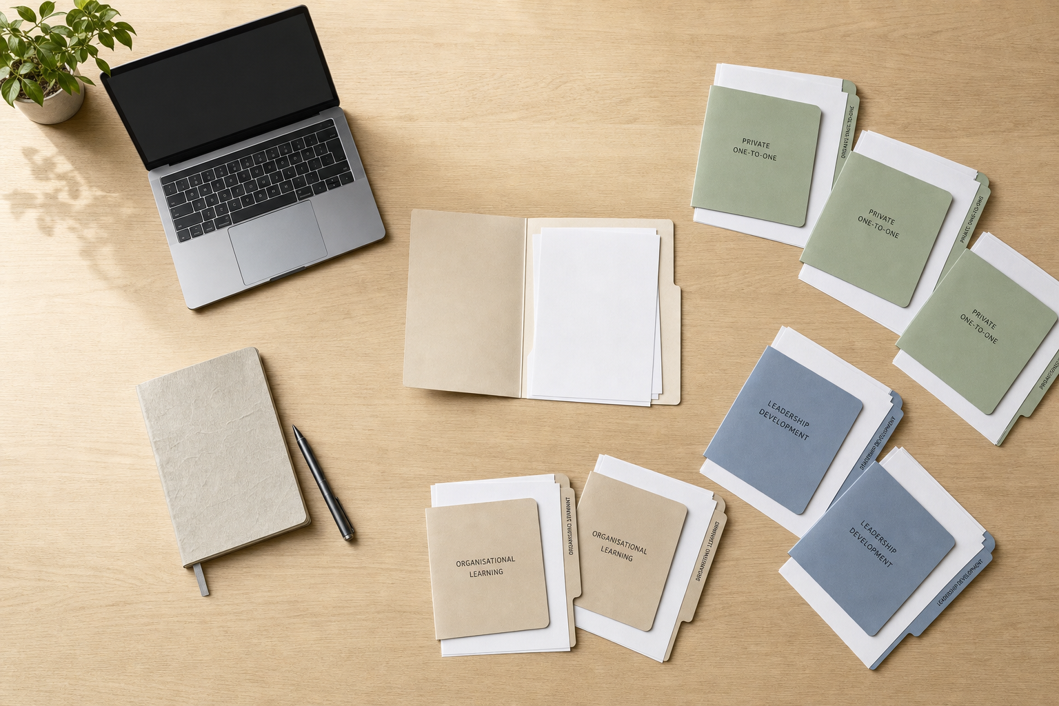 Workspace with a laptop, notebook, pen, and multiple organised folders on a wooden desk.