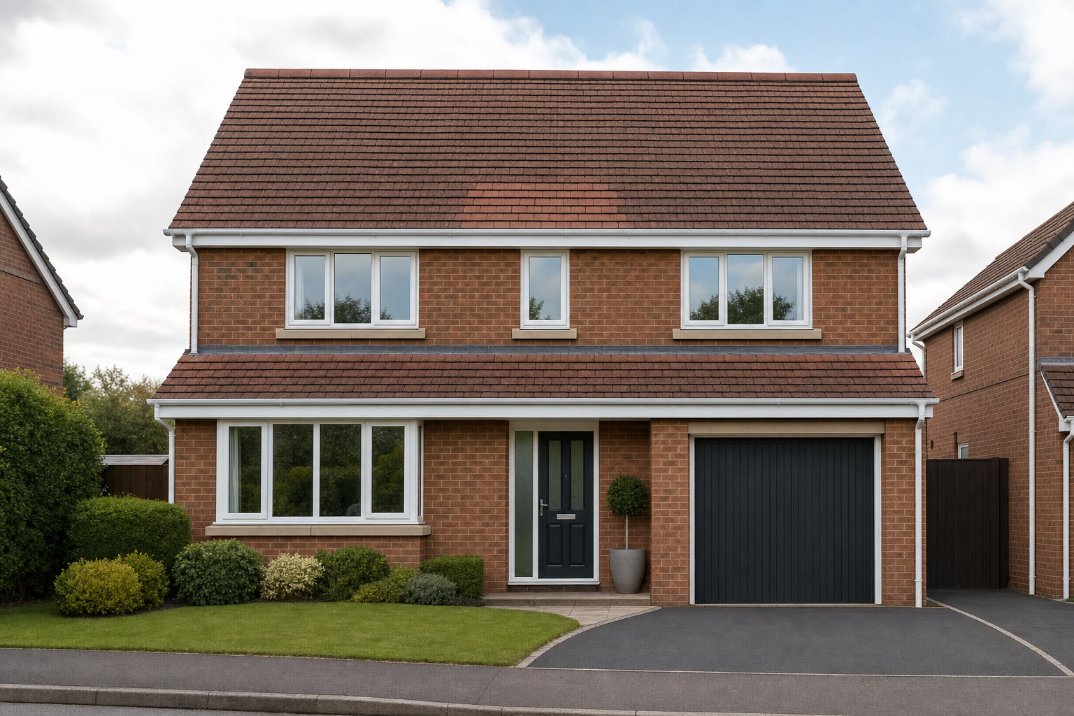 Brick detached house with a dark garage door, black front door, and neatly trimmed lawn in a suburban setting.