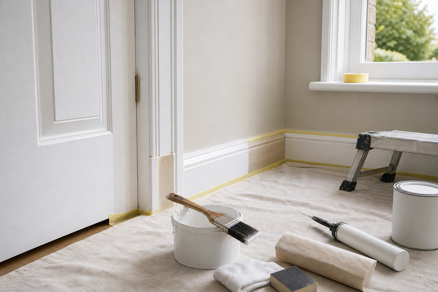 Room under renovation with paint supplies, ladder, and taped skirting boards.