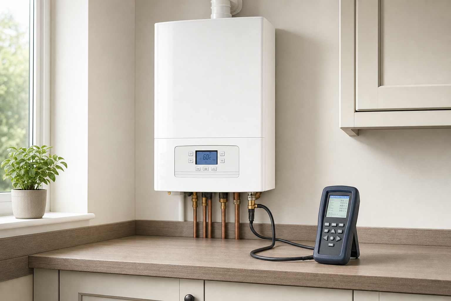 A wall-mounted boiler with a digital control panel is connected to a diagnostic tool on a kitchen worktop.