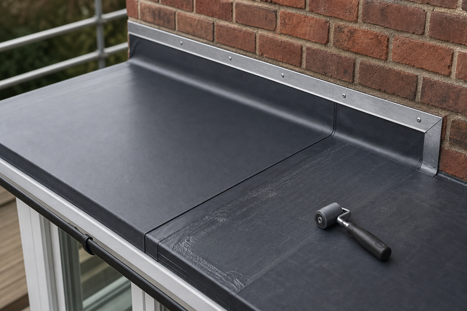 A newly installed flat rubber roof with a roller tool lying on it near a brick wall.