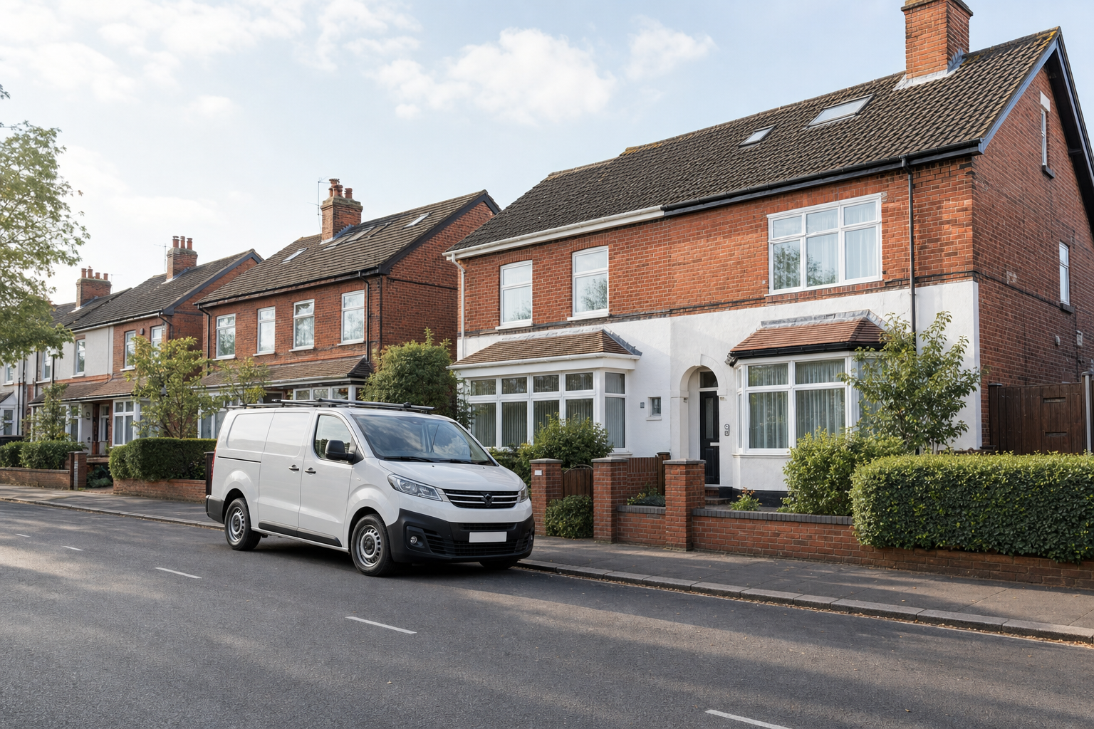 White van parked on a residential street in front of terraced houses.