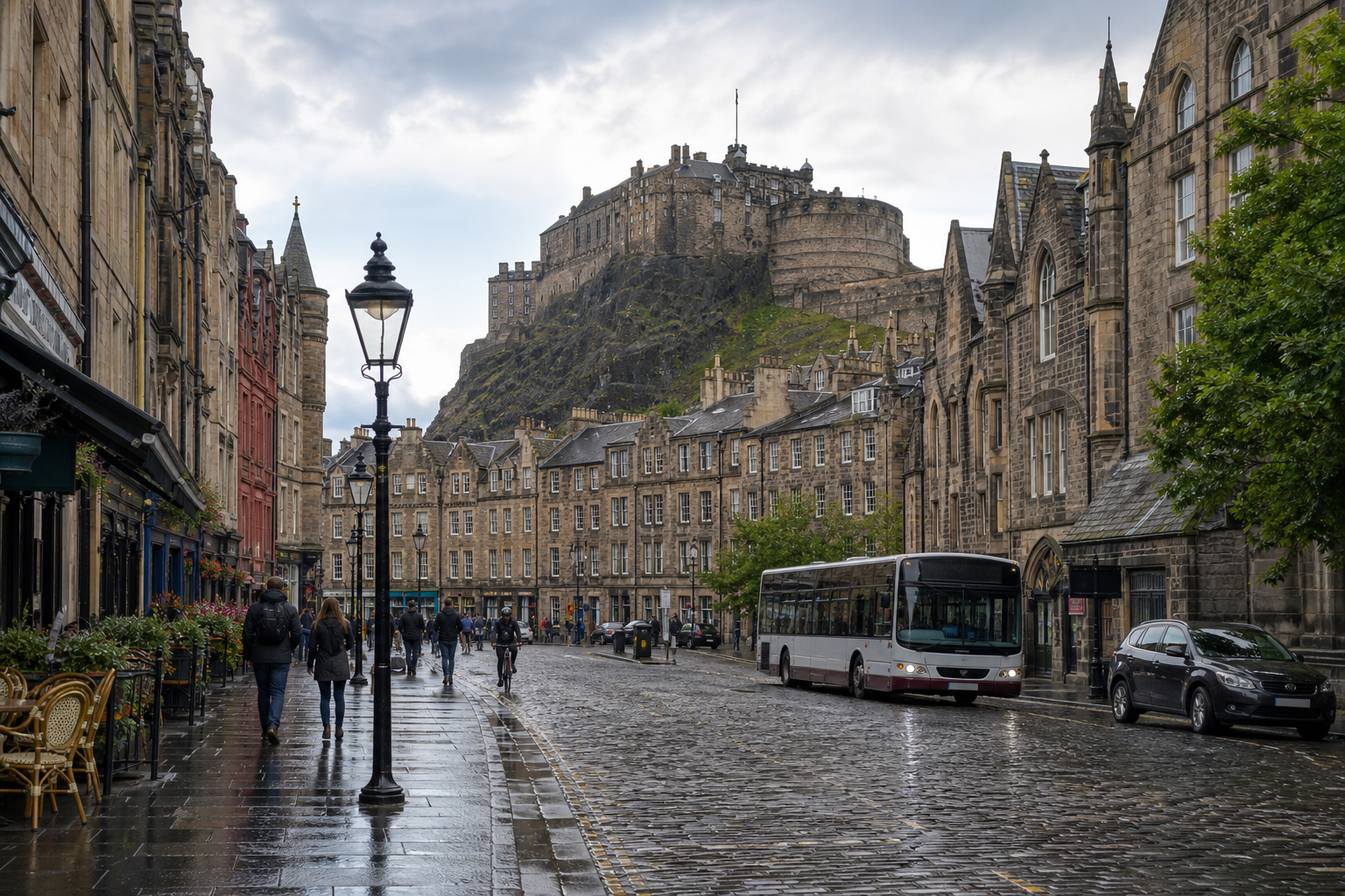 Rainy cobblestone street with historic buildings and a castle in the background.