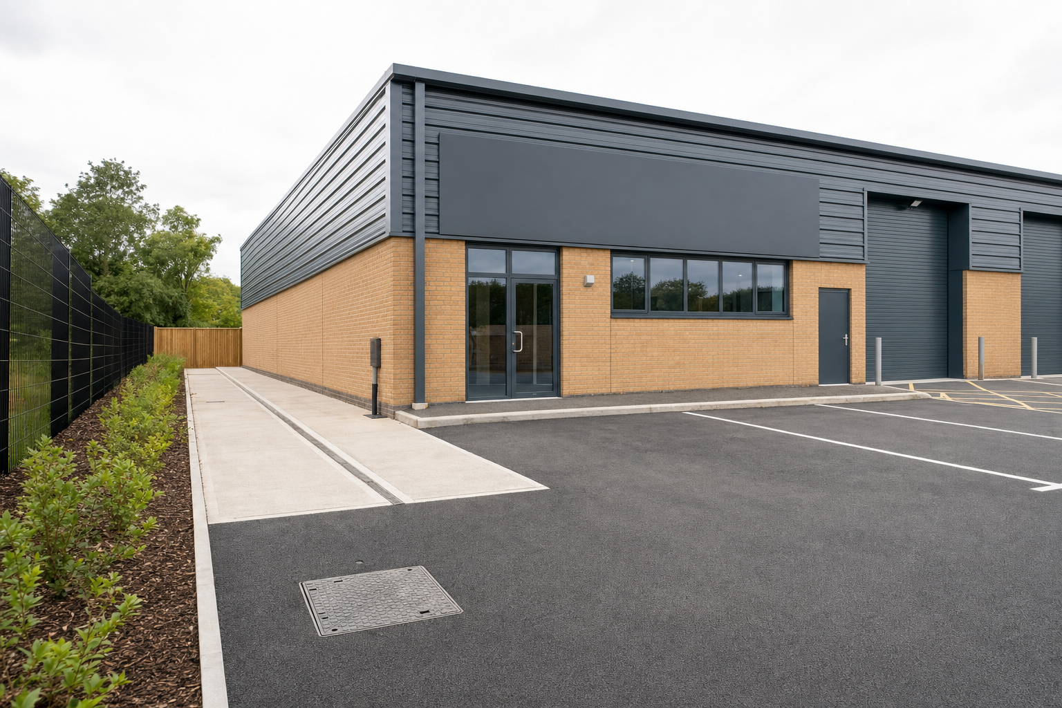 Modern warehouse with brick and metal facade, featuring a large car park and landscaped path under a cloudy sky.