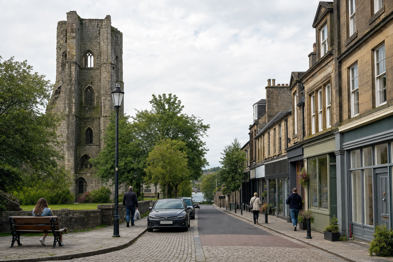 People walking along a cobblestone street lined with shops and an ancient stone tower nearby.
