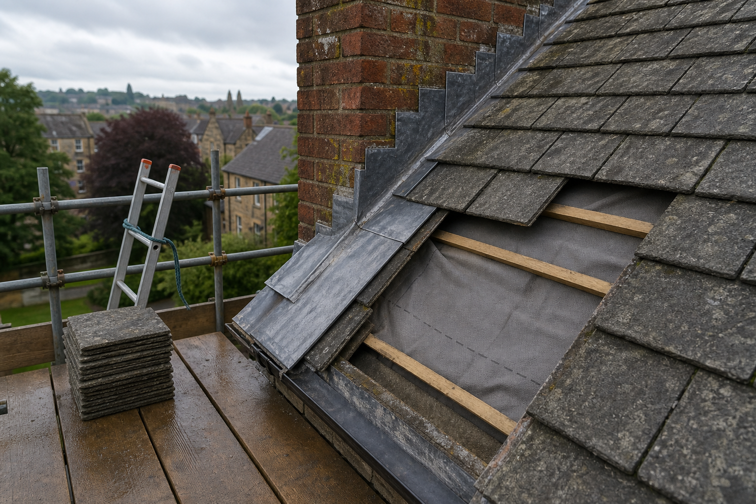 A roof under renovation with exposed wooden battens, tiles removed, and a ladder next to a chimney surrounded by scaffolding.