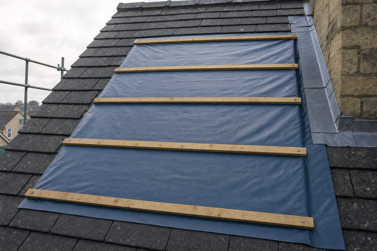A blue tarp secured with wooden battens covers a section of roofing shingles.