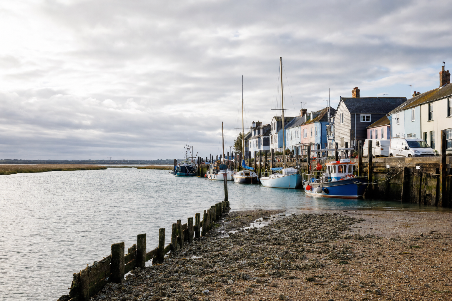 Quaint harbour with colourful boats and houses lined up on a cloudy day.