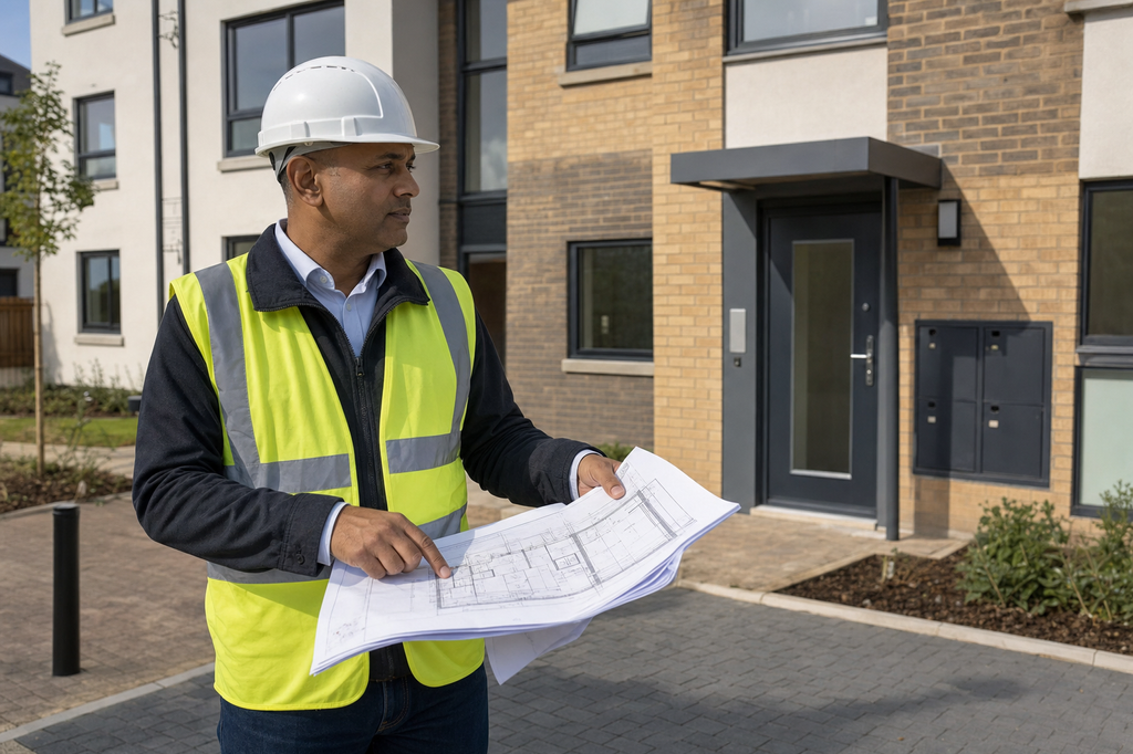 Construction worker in a hi-vis vest and hard hat reviews blueprints outside a modern building.