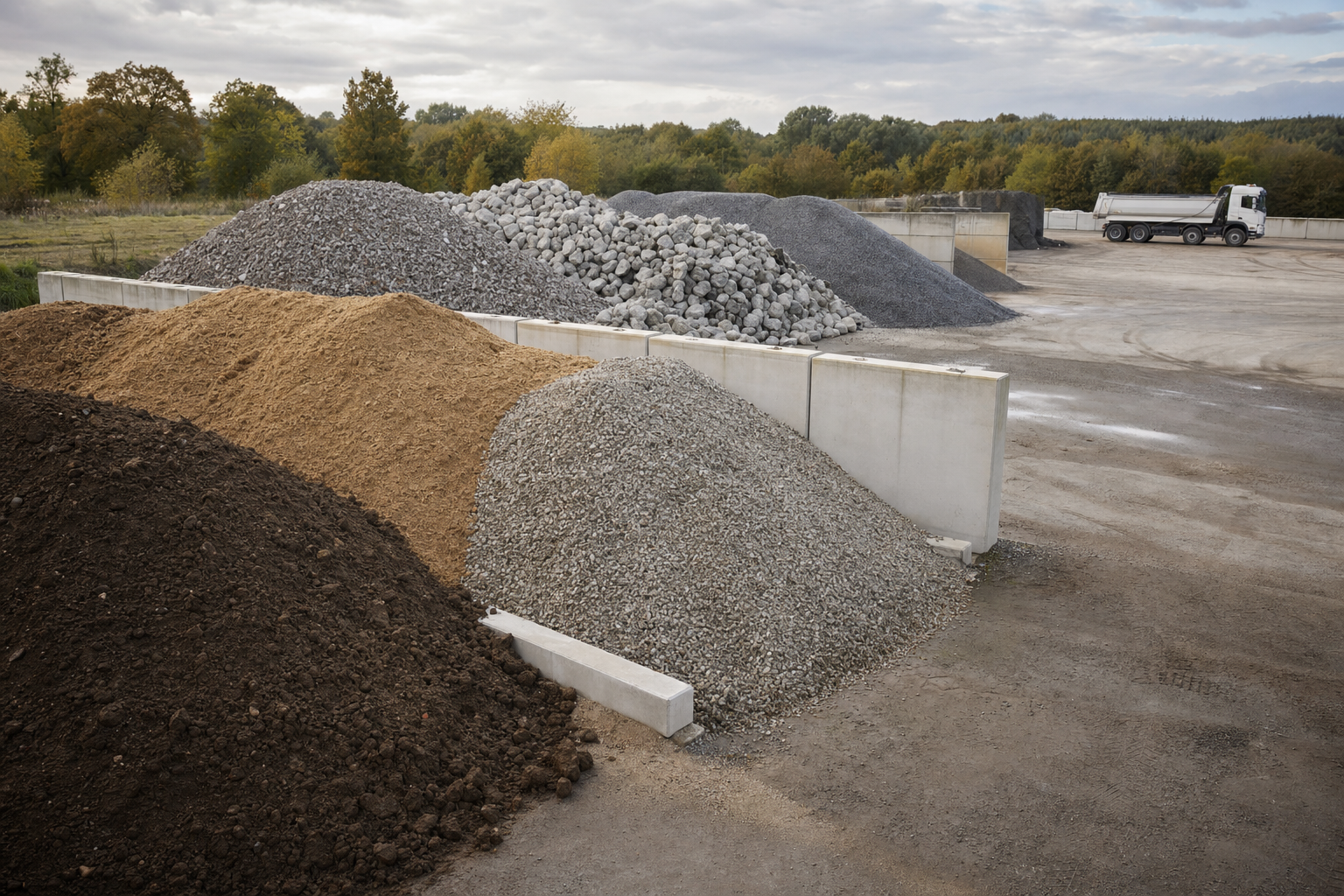 Piles of soil, sand, and gravel at a construction site with a lorry in the background and trees lining the area.