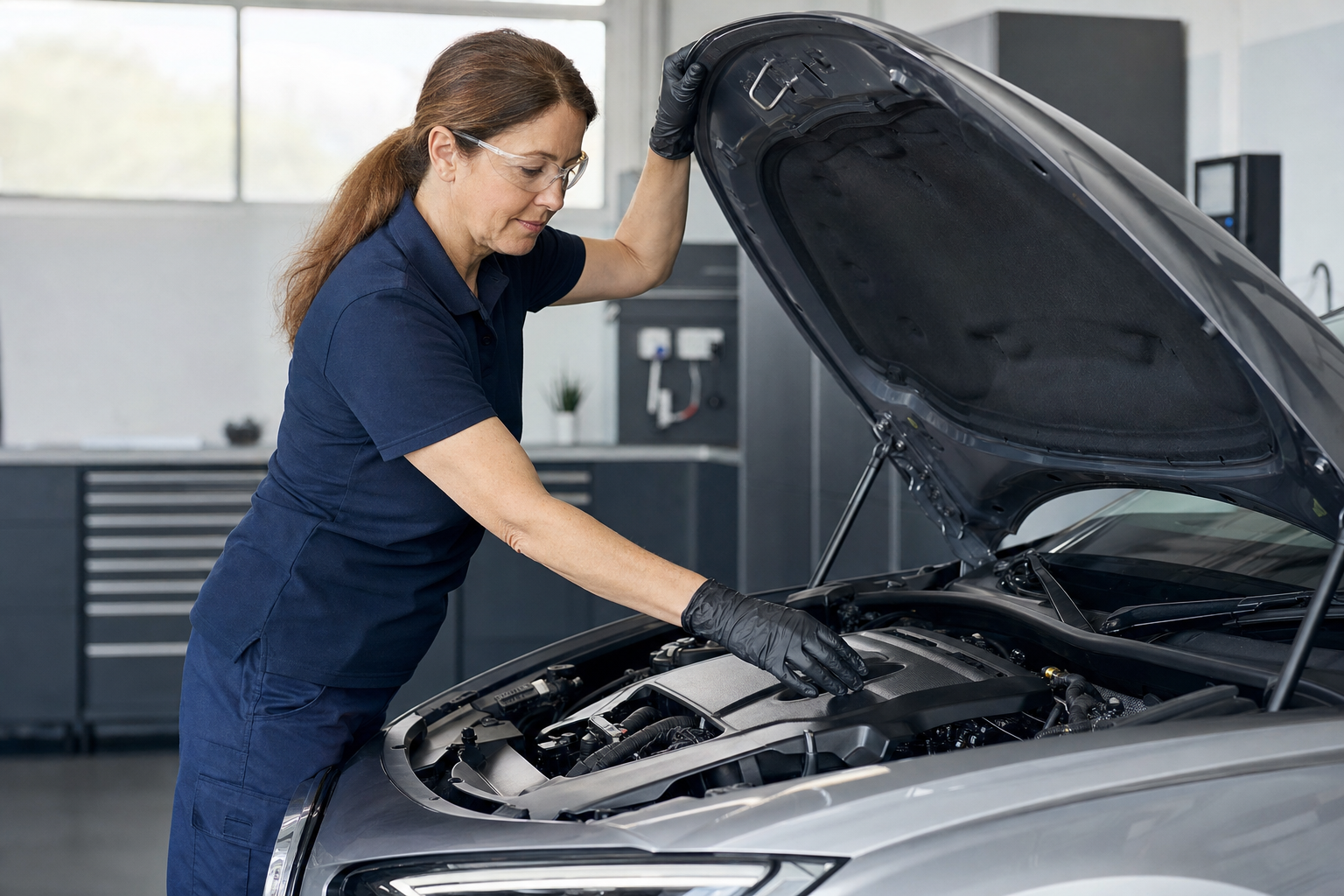 Mechanic in a garage inspecting a car engine with the bonnet open.