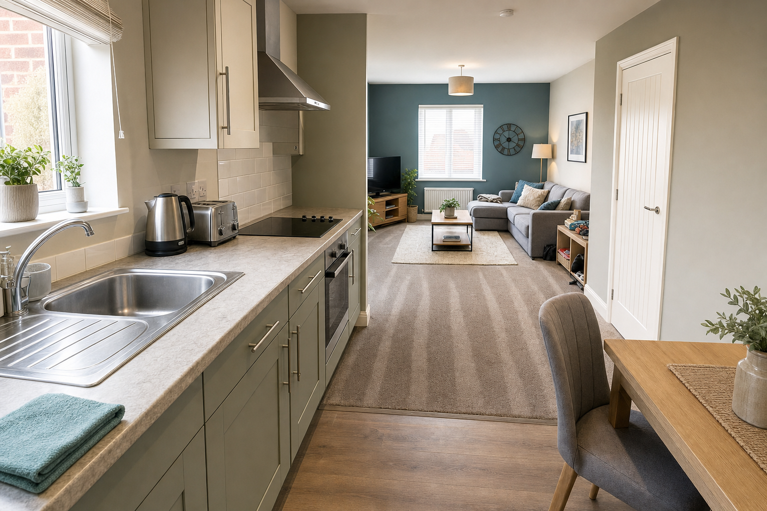 Modern open-plan kitchen and living room with grey and beige decor, featuring a sofa, dining table, and stainless steel appliances.