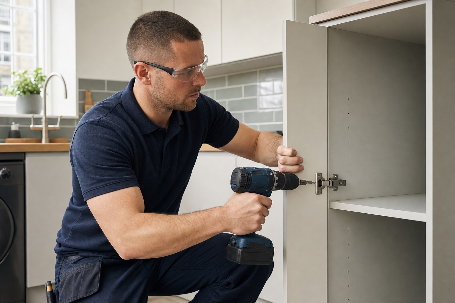 A man in safety glasses uses a cordless drill to install a hinge on a kitchen cabinet.