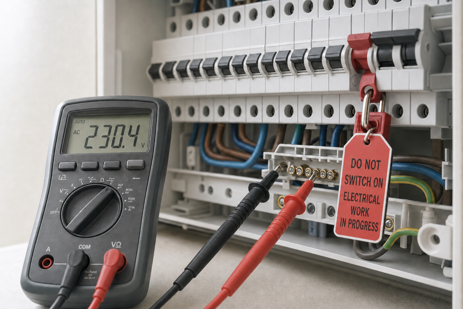 Multimeter showing 230.4V reading alongside an electrical panel with a "Do Not Switch On" warning tag.