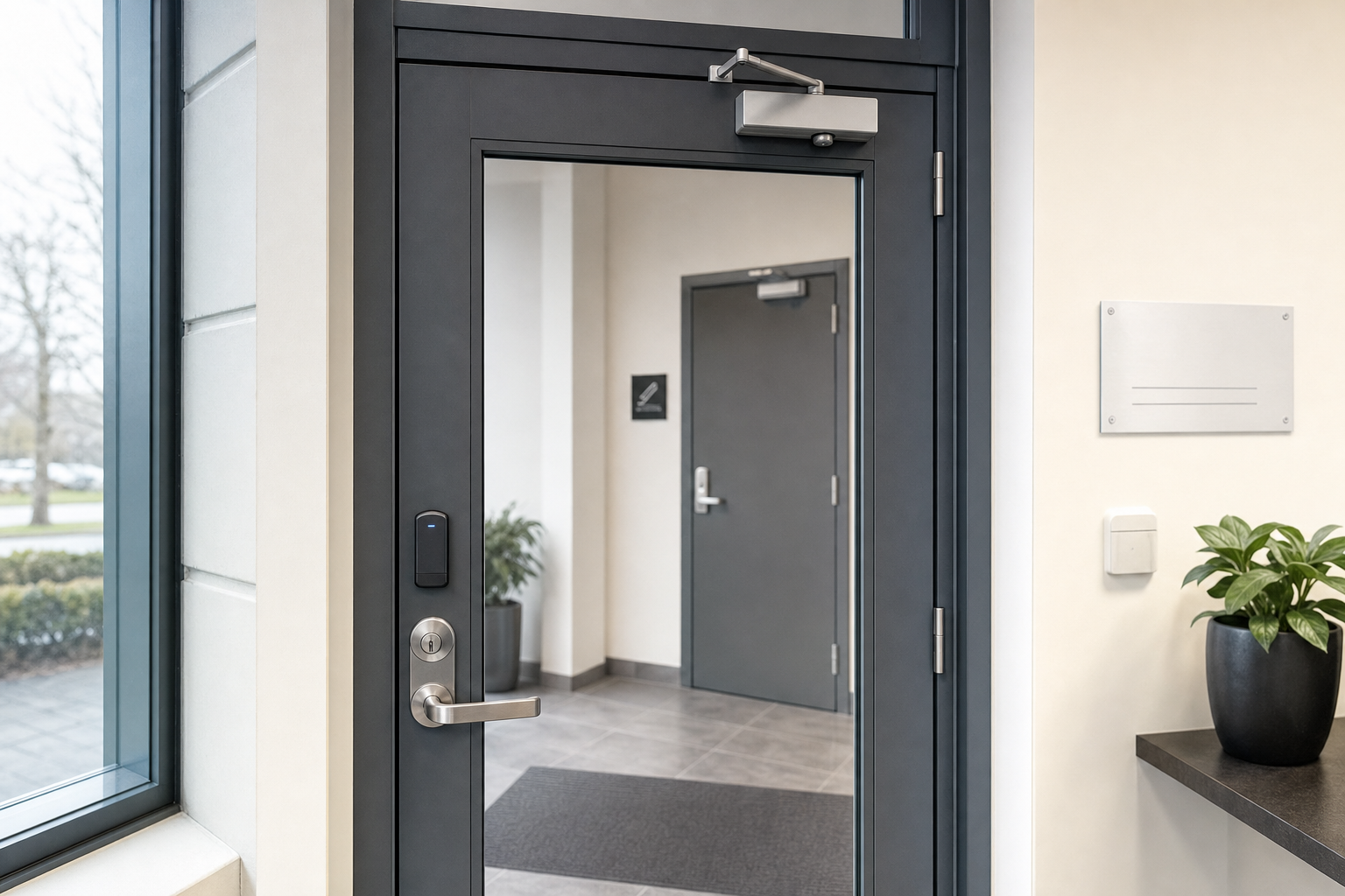 A modern office entrance with a glass door, electronic lock, and a potted plant on a corner table.