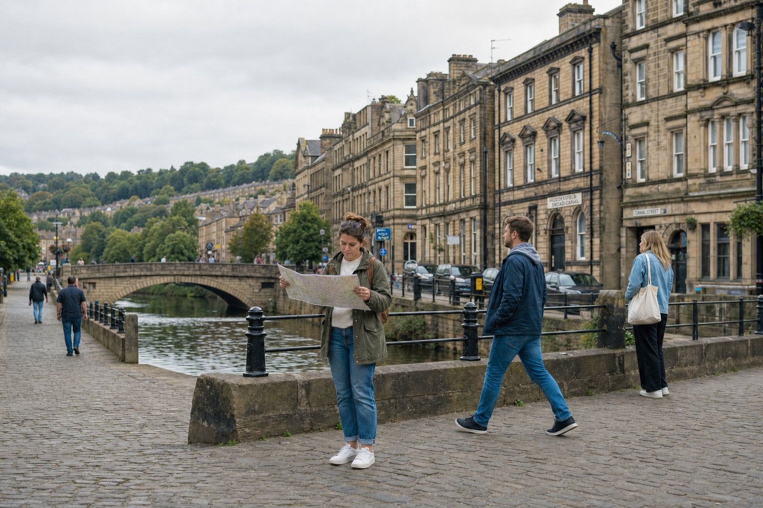 A woman reads a map by a canal in a historic British town with cobblestone streets and stone buildings.