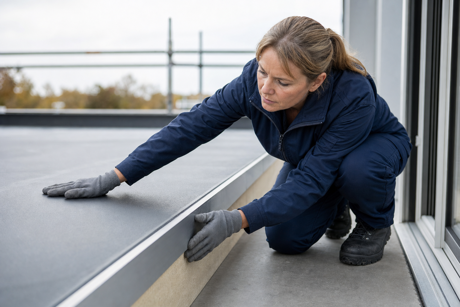 A woman in work clothes and gloves inspects and smooths the surface of a roof.