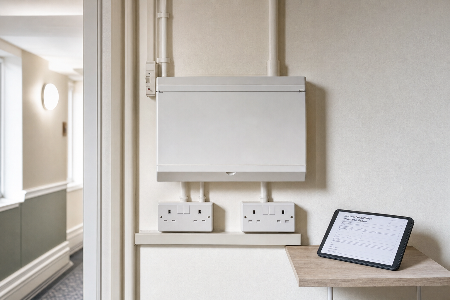 A closed electrical box with two sockets below it and a tablet displaying an inspection report on a wooden shelf.