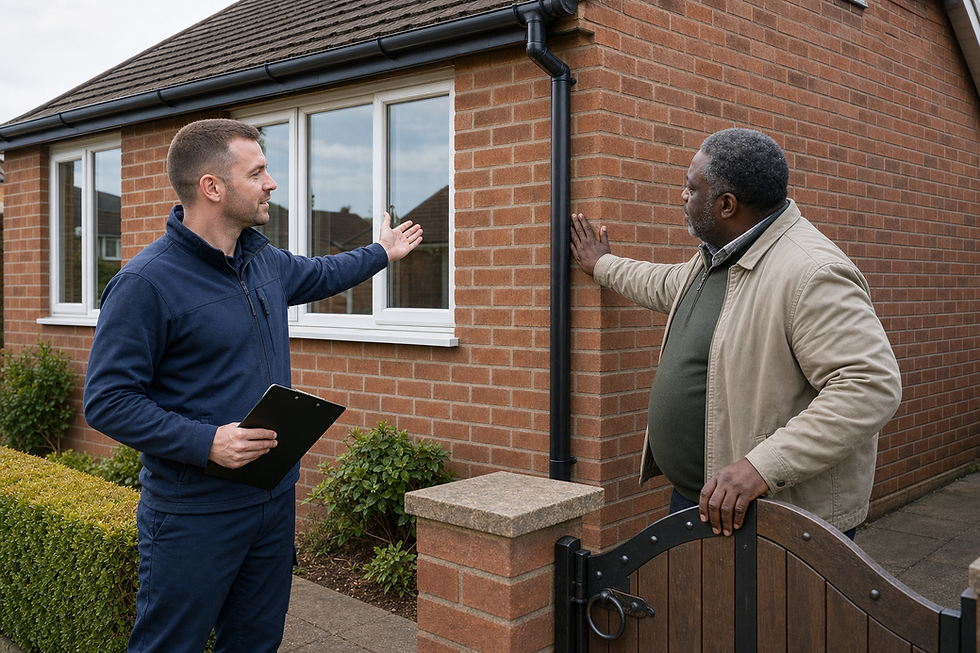 A builder discusses the brickwork of a house with a homeowner, holding a clipboard.
