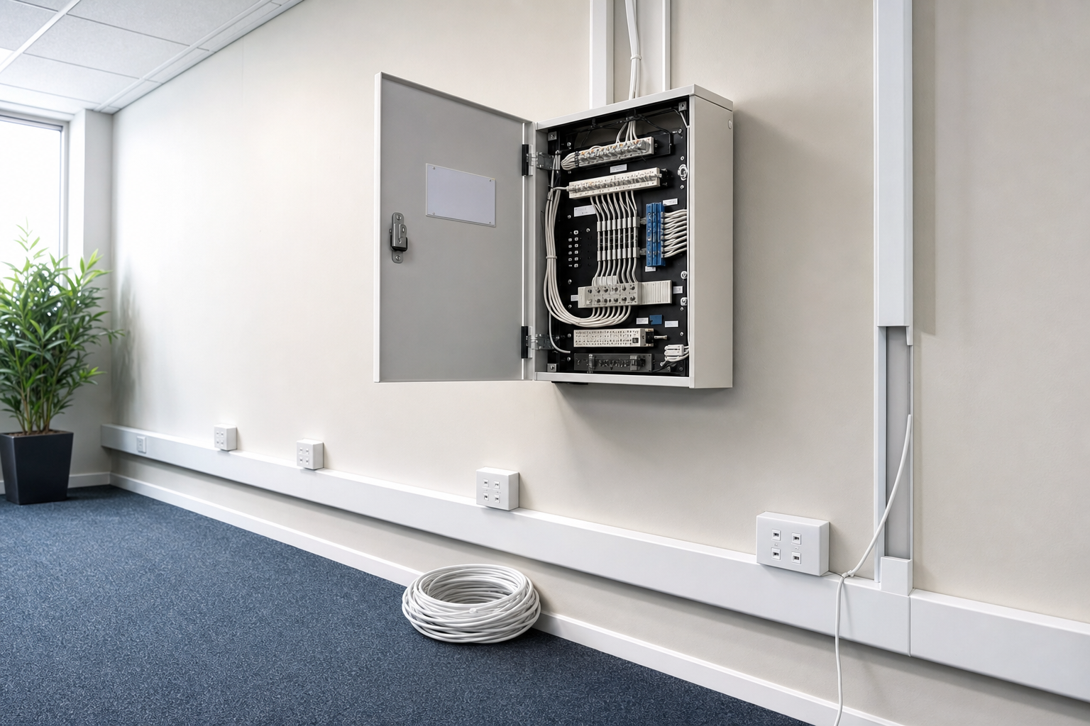 Open electrical panel on a white wall with cables and a potted plant nearby.