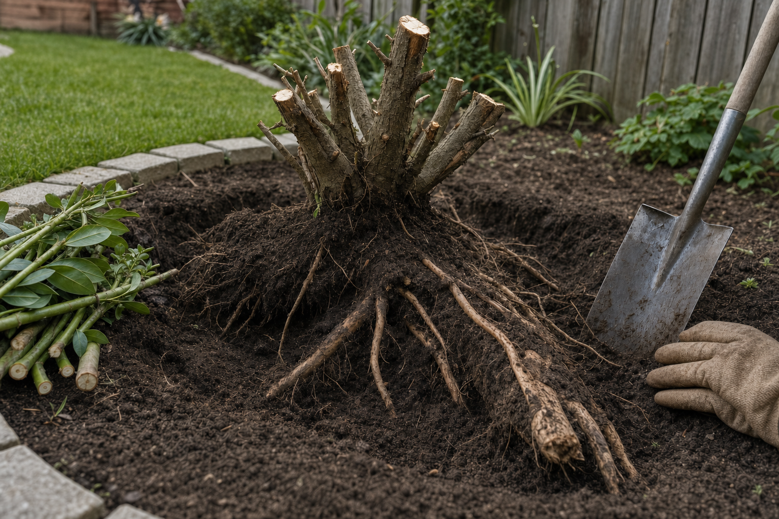 Tree stump being excavated from soil with a spade, adjacent to neatly cut branches and gloved hands.