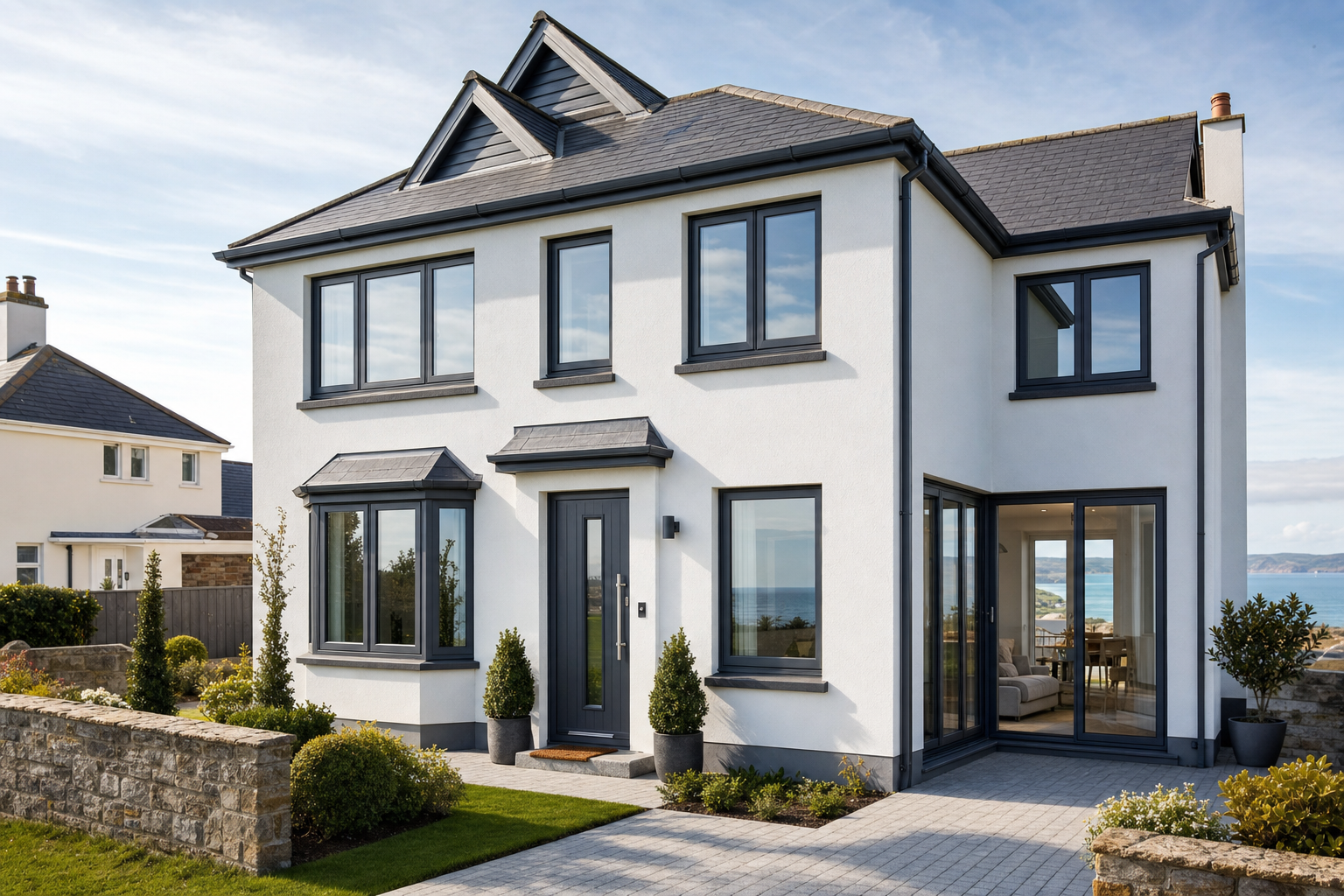 Modern two-storey house with large windows, a neat garden, and a view of the sea in the background.