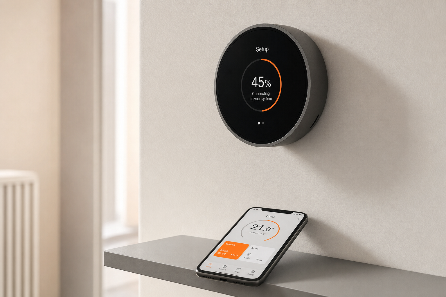 Smart thermostat setup showing 45% connection progress, with smartphone app displaying current temperature of 21°C.