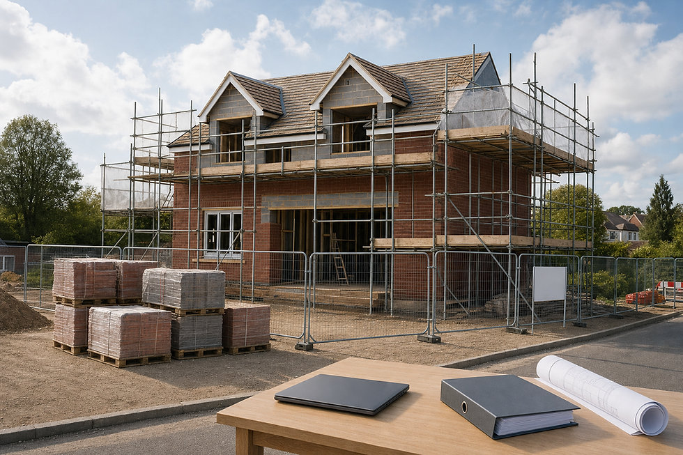 Two-storey house under construction with scaffolding, building materials, and a table with documents in the foreground.