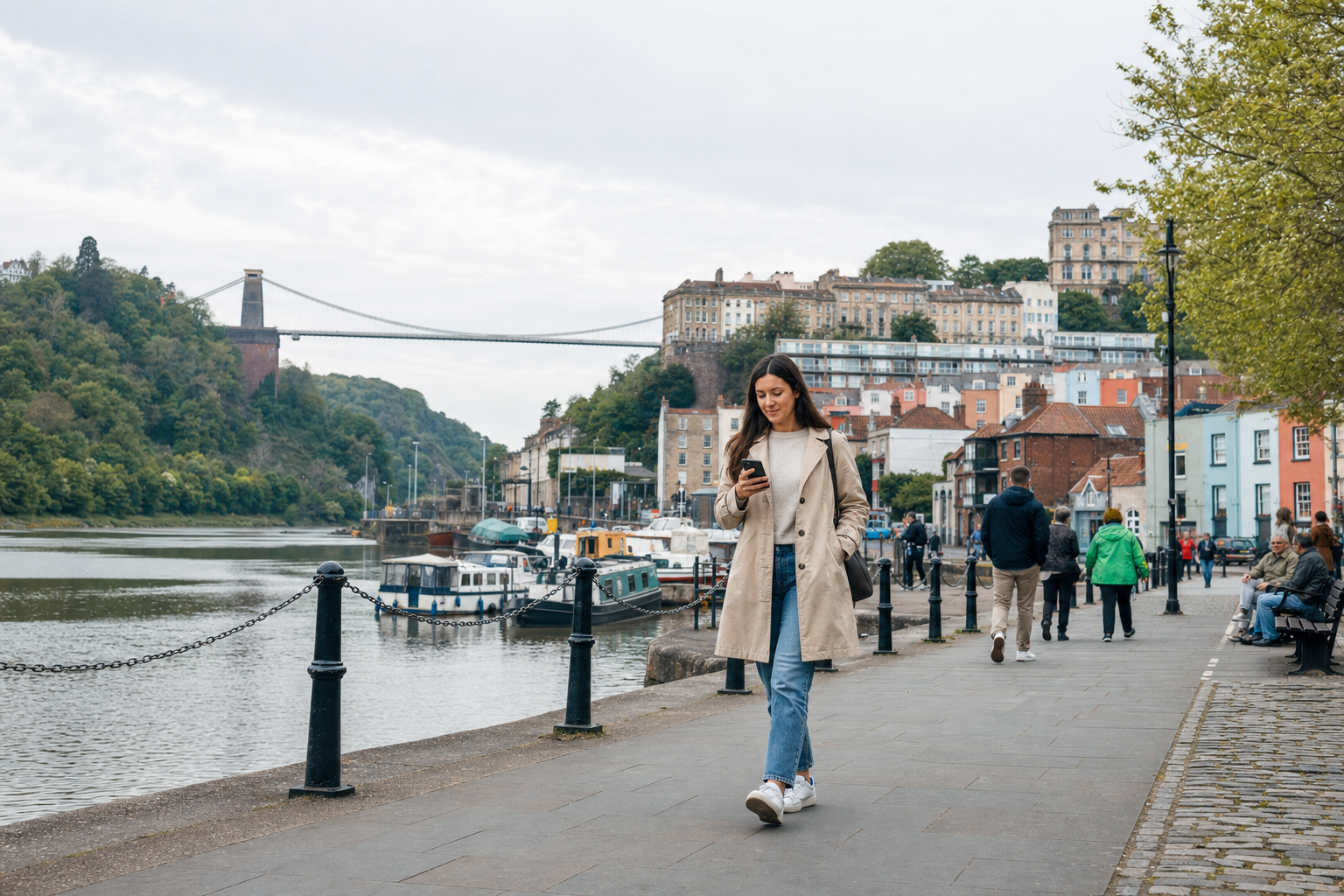 A woman walks along a riverside path while looking at her phone, with buildings and a suspension bridge in the background.