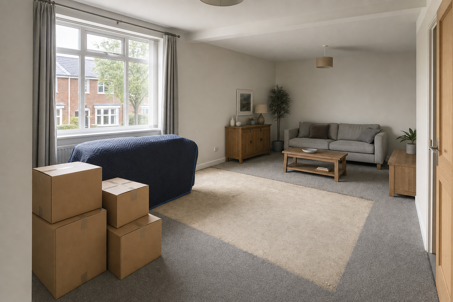 Living room with moving boxes, a covered sofa, and wooden furniture near a large window with a view of houses.