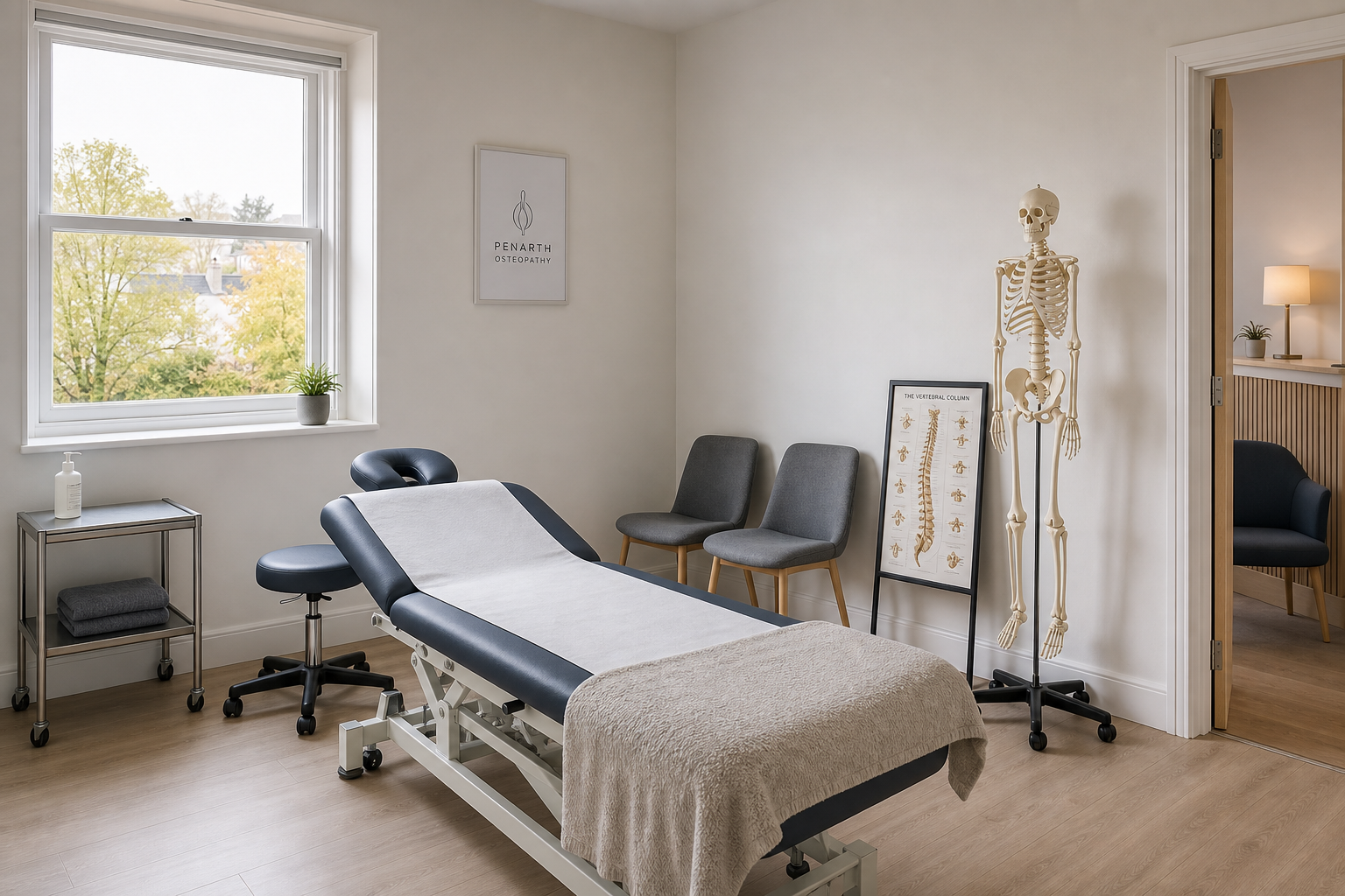 Osteopathy clinic room with an examination table, a skeleton model, spine chart, and chairs, lit by natural light from a window.