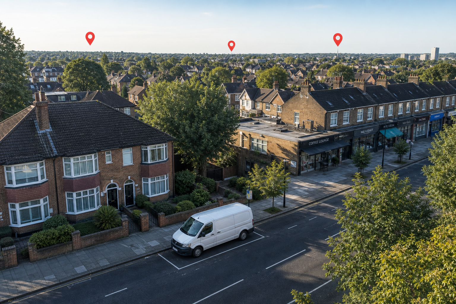 Aerial view of a suburban street with a van parked, houses, shops, and red location markers in the distance.