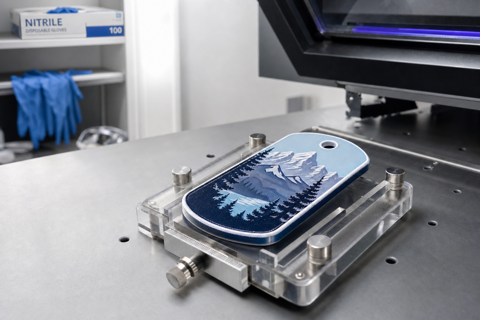A phone case with a mountain landscape design is positioned in a machine on a metal workbench.